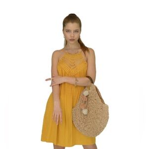 Mustard Yellow Crochet Halter Mini Dress – Boho Summer Beach Dress